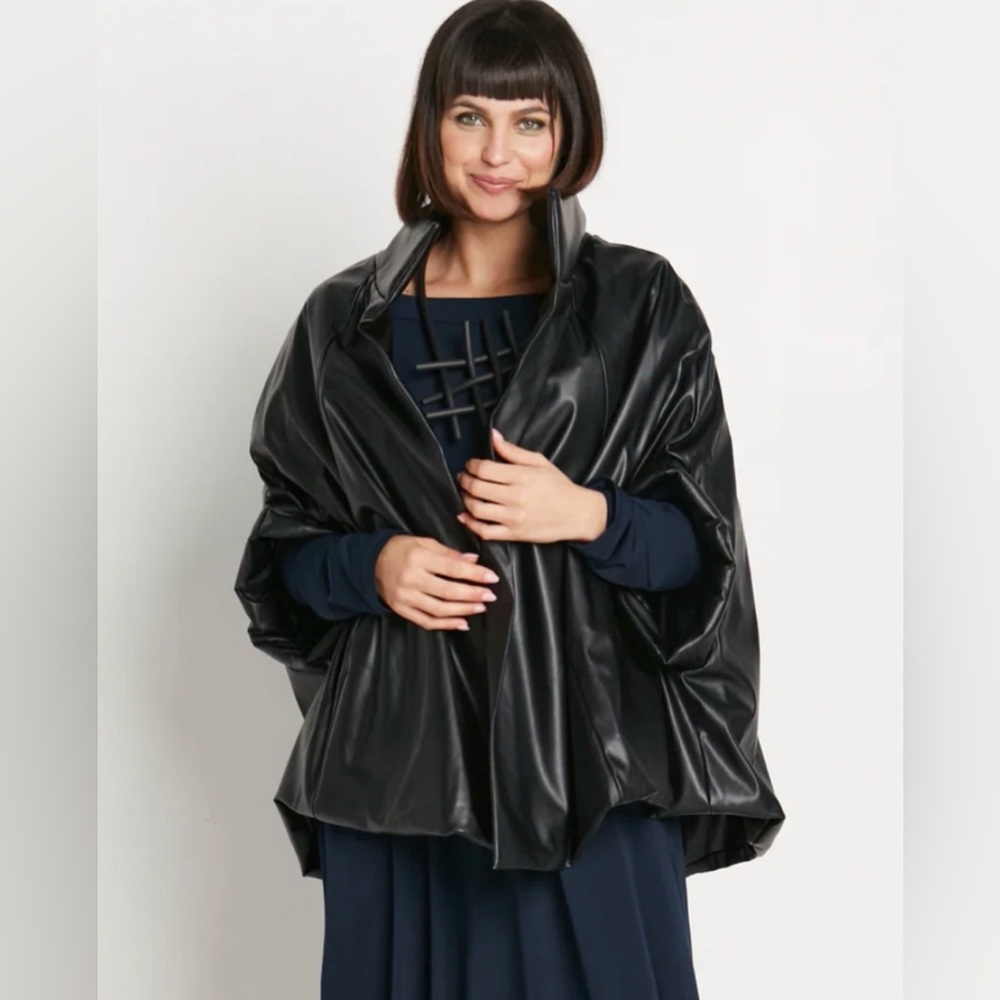 New PLANET BY LAUREN G Vegan Leather Chic Cape Jacket, Black, One Size Fits All